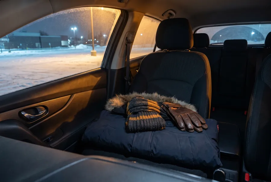 Winter parka and scarf left on a car seat