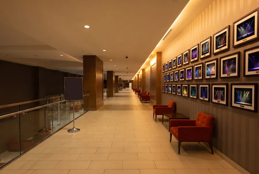 Empty corridor with framed stage pictures at night
